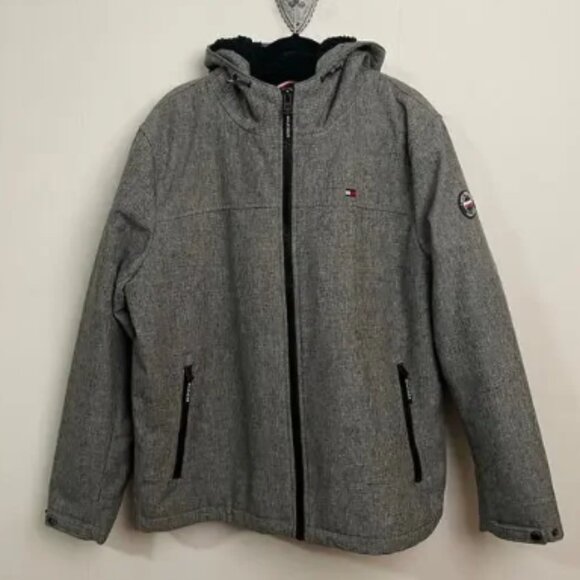 Tommy Hilfiger XL windbreaker fleece lined jacket hoodie full zip gray black - Picture 1 of 7